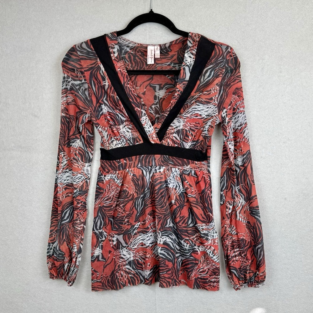 Sweat Pea by Stacy Frati Red Orange Floral Babydoll Mesh Shirt Long Sleeve Sz S